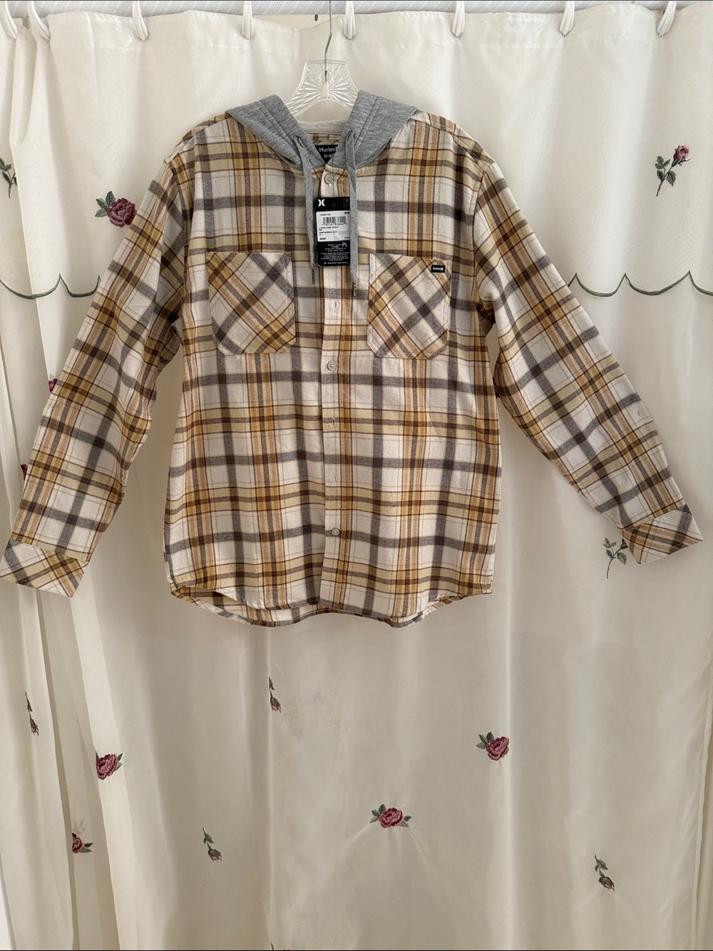 Hurley Plaid Hooded Button-Down Shirt Jacket in Gray and Tan